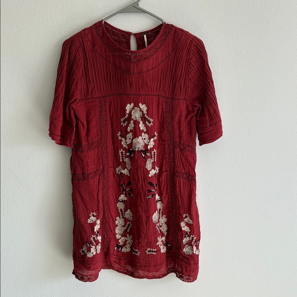 Free People Embroidered Cotton Dress Red Women's
